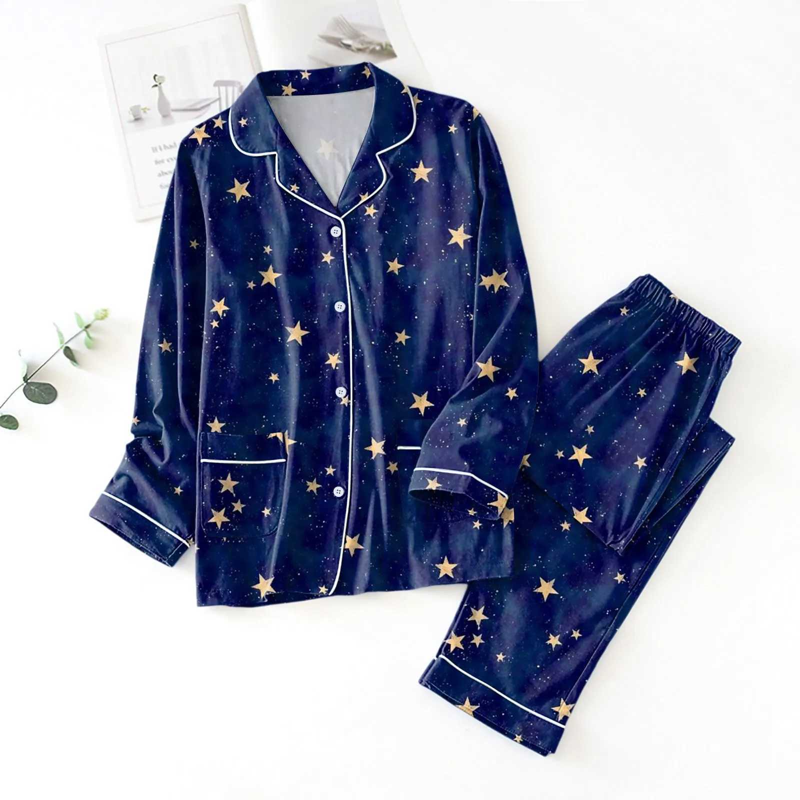 Loungewear Women Pajama Sets 2 Piece Star Printing Long Sve Shirt With Pant Sets Trendy Pyjamas Autumn Winter Satin SpwearXJ250220