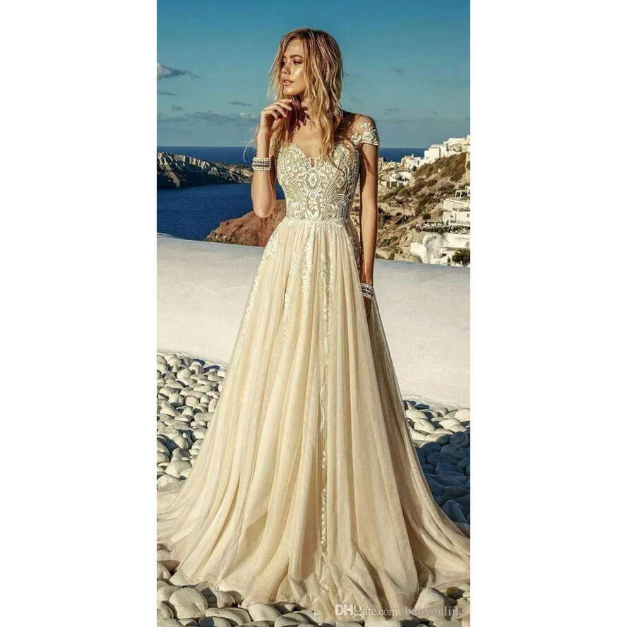 Summer Light Champagne Wedding Dresses Boho Beach Tulle Lace A E Appliques Long Bridal Gowns Robe De Mariee Bc1819