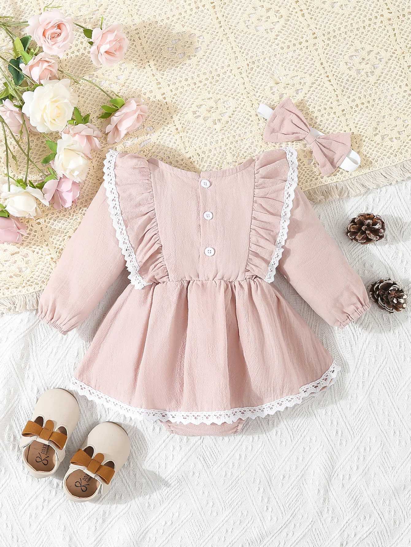 Baby Girls Clothes 2Pcs Cute Lace Ruffled Long Sleeve Cotton Dress Headwear Toddler Girls Clothing Outfit Set X250220