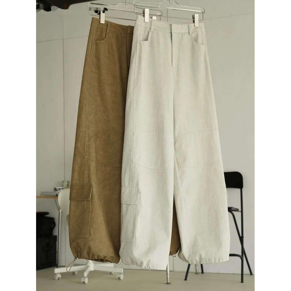 2025 Heavy Weight Early Spring Washed Large Pocket Cargo Pants Women Loose Wide Leg Trousers Khaki