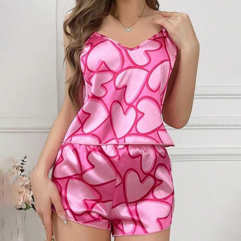 Heart Print Satin Pajama Set for Women Sexy V Neck Spwear Summer Cami Tops and Shorts Pajamas 2 Piece Loungewear Home ClothesXJ250220