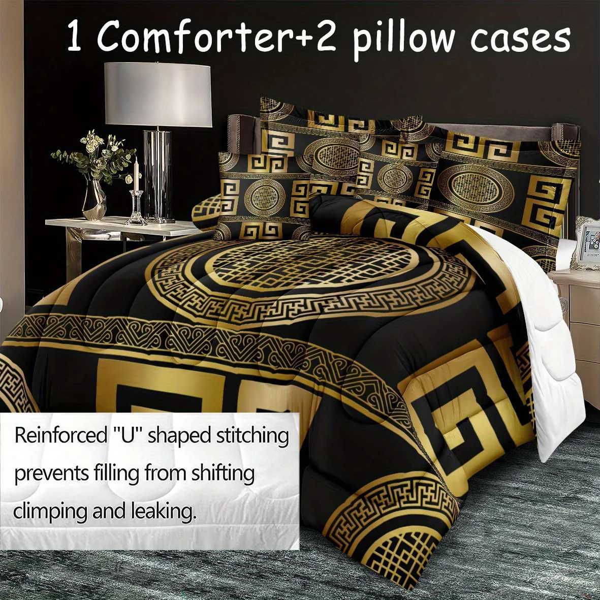 3pcs Luxury Golden Geometric Printed Comforter Set Printed Bedding For Bedroom Home Dorm DecorXJ250220