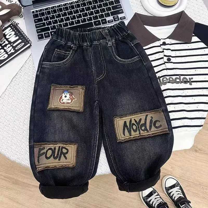 Boys Autumn and Winter Velvet Pants 2025 New Sle Baby Thick one-piece Jeans Childrens Pants Kids Z250220
