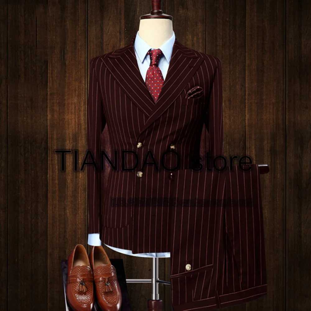 Mens Striped Suit 2 Piece Double Breasted Jacket Set Formal Business Blazer Pants Office Workwear Slim Fit Design X250220