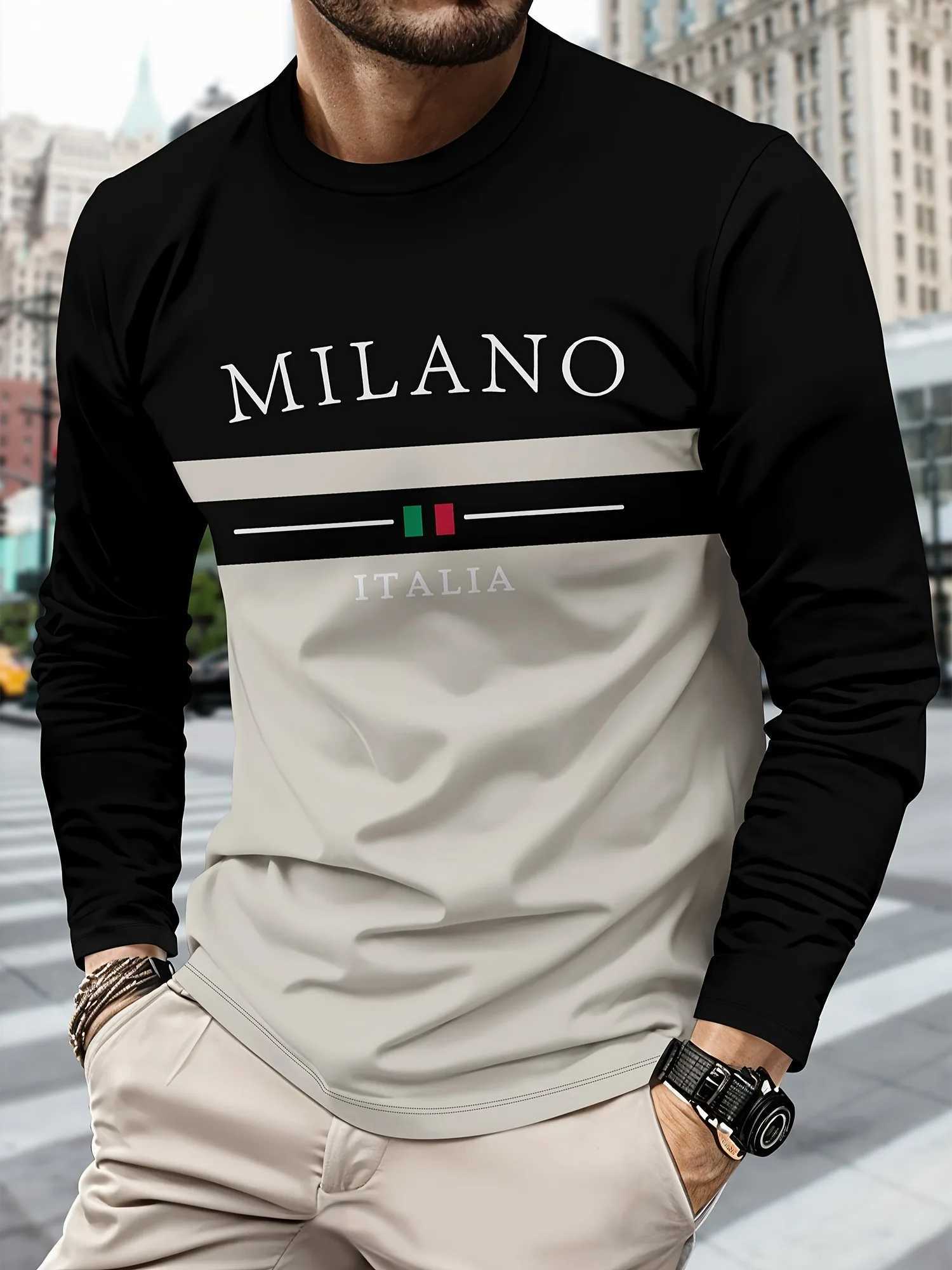 Milan Letter Print Mens Casual Fashion Long Sleeve T-Shirt Perfect for Spring and Fall Daily Outdoor Fashion Wear W250220
