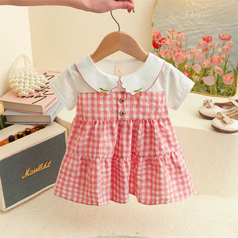 Summer New Small Fresh Plaid Baby Girl Dress Sweet And Cute Cherry Collar Childrens Short Sleeved Clothes (6-24 Months) X250220