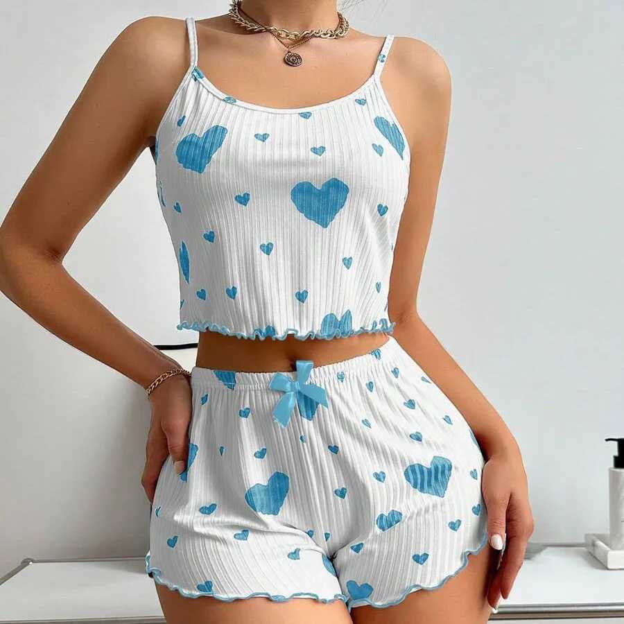 2 Pcs Womens Pajamas SetCasual Spwear Printed Shorts Tank Tops And Shorts White Ventilate Soft Casual Love Printing SuitsXJ250220