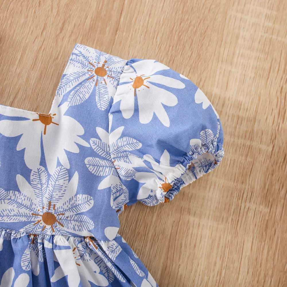 Girls Summer New Style Daisy Bow Decoration Square Neck Short Sleeved Korean Version Childrens Dress X2502201