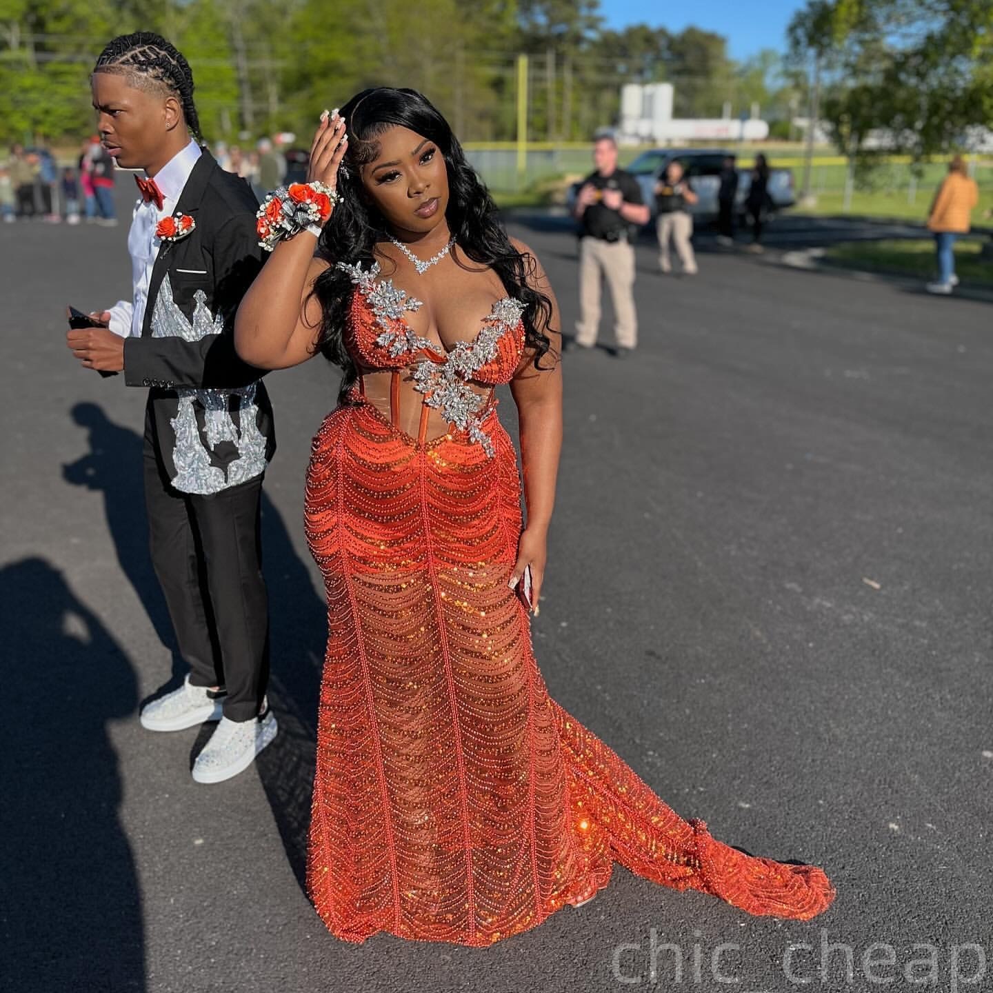 Orange Mermaid Prom Dresses 2025 Crystals Sequined See Through Evening Formal Party Second Birthday Engagement Gowns Plus Size Dress For Special Occas