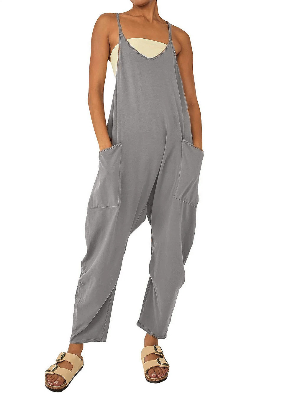 loose foreign trade womens pure color patch bag zipper jumpsuit suspenders jumpsuit 250220