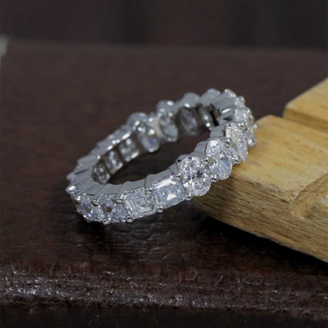 Jewelry 18K White Gold Lab Diamond Ring Oval 4.5*3.2mm Asscher 3.0mm Gold Eternity Full Band Wedding Anniversary Women Ring