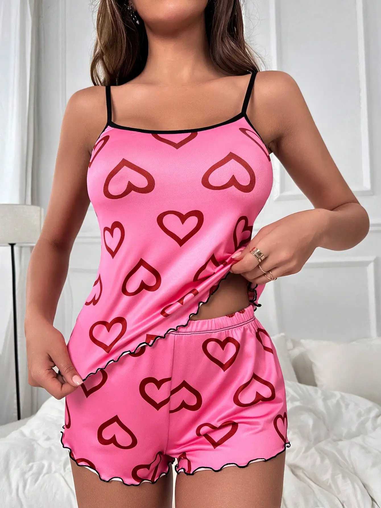 Womens Summer Spwear Pink Loungewear Love Print Pajama Set Crew Neck Cami Top Lettuce Trim Shorts Lovely NightwearXJ250220
