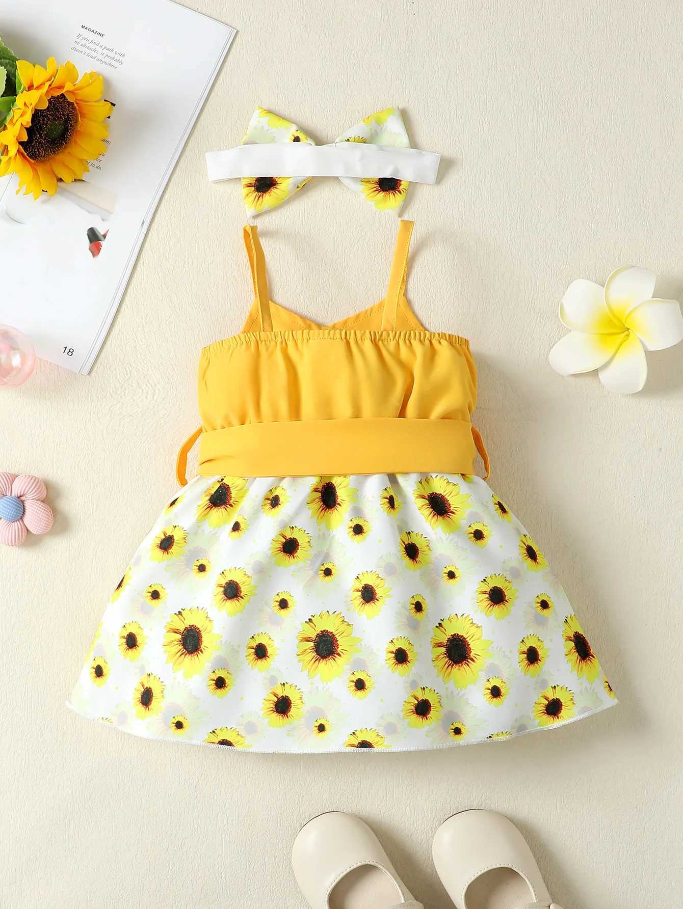 0-2 Year Old Newborn Baby Girl Summer Suspender Bow Headband Belt Sunflower Print Casual Daily Dress Baby Clothes X250220