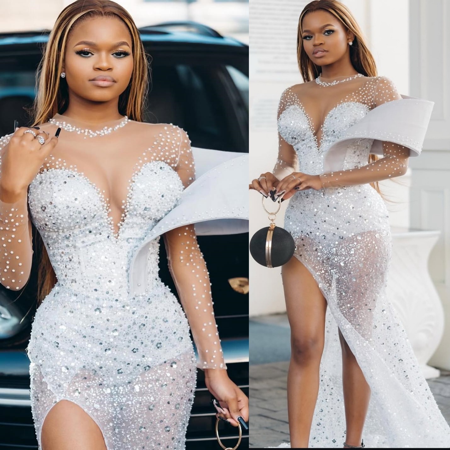 Ivory Mermaid Prom Dresses 2025 Beaded Sequined High Split Full Sleeves Evening Formal Party Second Birthday Engagement Gowns Plus Size Dress For Spec
