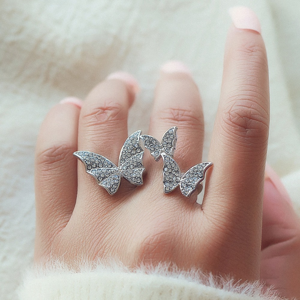 Shiny Cubic Zircon Adjustable 925 Sterling Silver Butterfly Finger Ring for Women Fine Jewelry