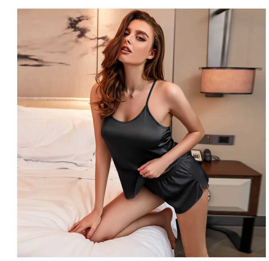 Summer New Ice Silk Spaghetti Strap Sexy Women Pajamas Pure Color Thin Section Fashion SpwearXJ250220