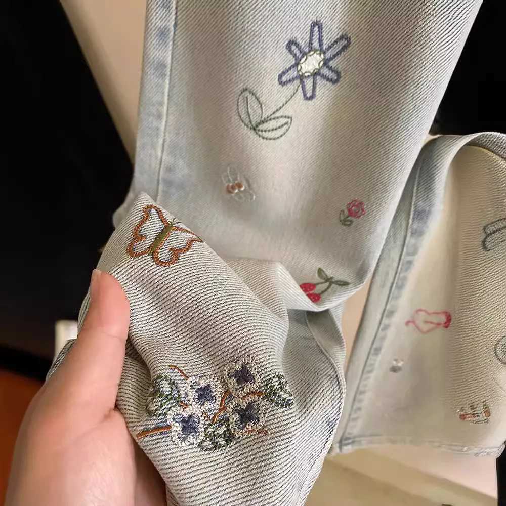 Spring Sutumn Korean Kids Girls Wide Leg Pants Loose Denim Graffiti Embroidery Baby Girls Jeans Children Girls Casual Pants Z250220