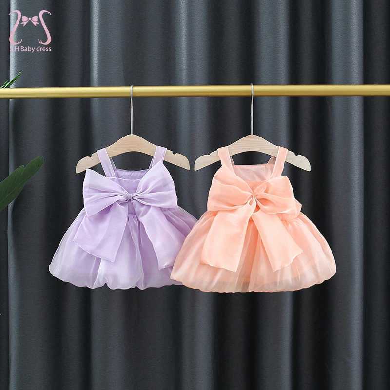 Summer Baby Girl Birthday Party Princess Mesh Evening Dresses Sweet Solid Color Bow Knot Sleeveless Lightweight Children Clothes X250220