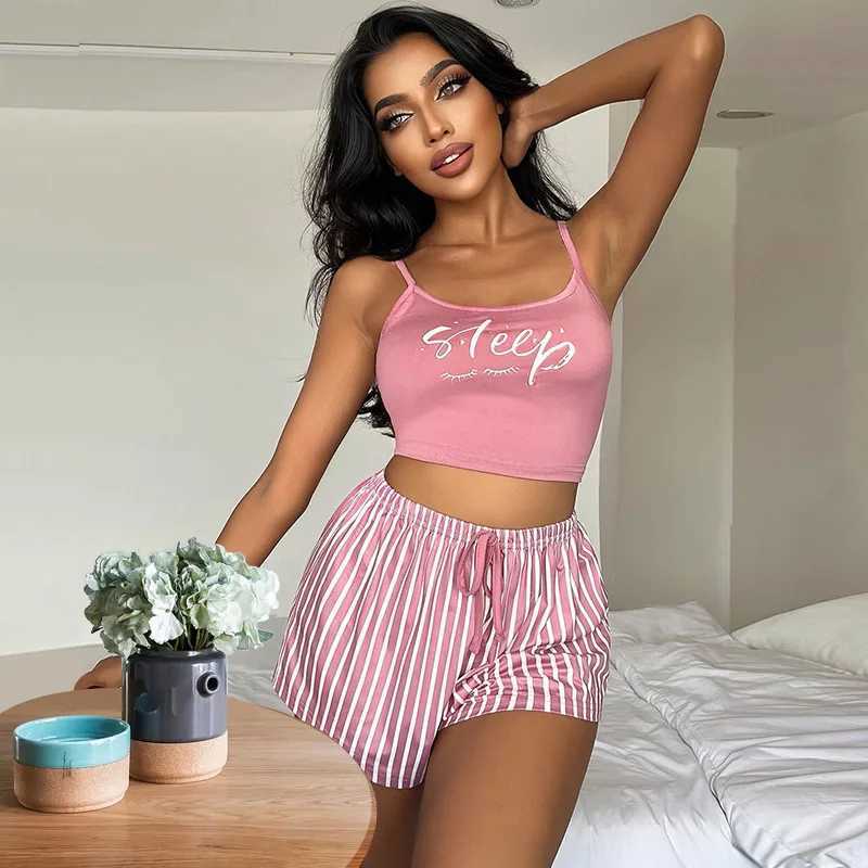Letter Print Women Pajama Set Sveless Lettuce Trim Crop Top Elastic Waist Stripped Shorts 2 Pcs Fe Spwear NightwearXJ250220