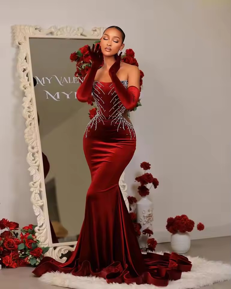 Elegant Bury Veet Mermaid Prom Party Dresses 2025 with Gloves Beaded African Evening Birthday Gowns Customized