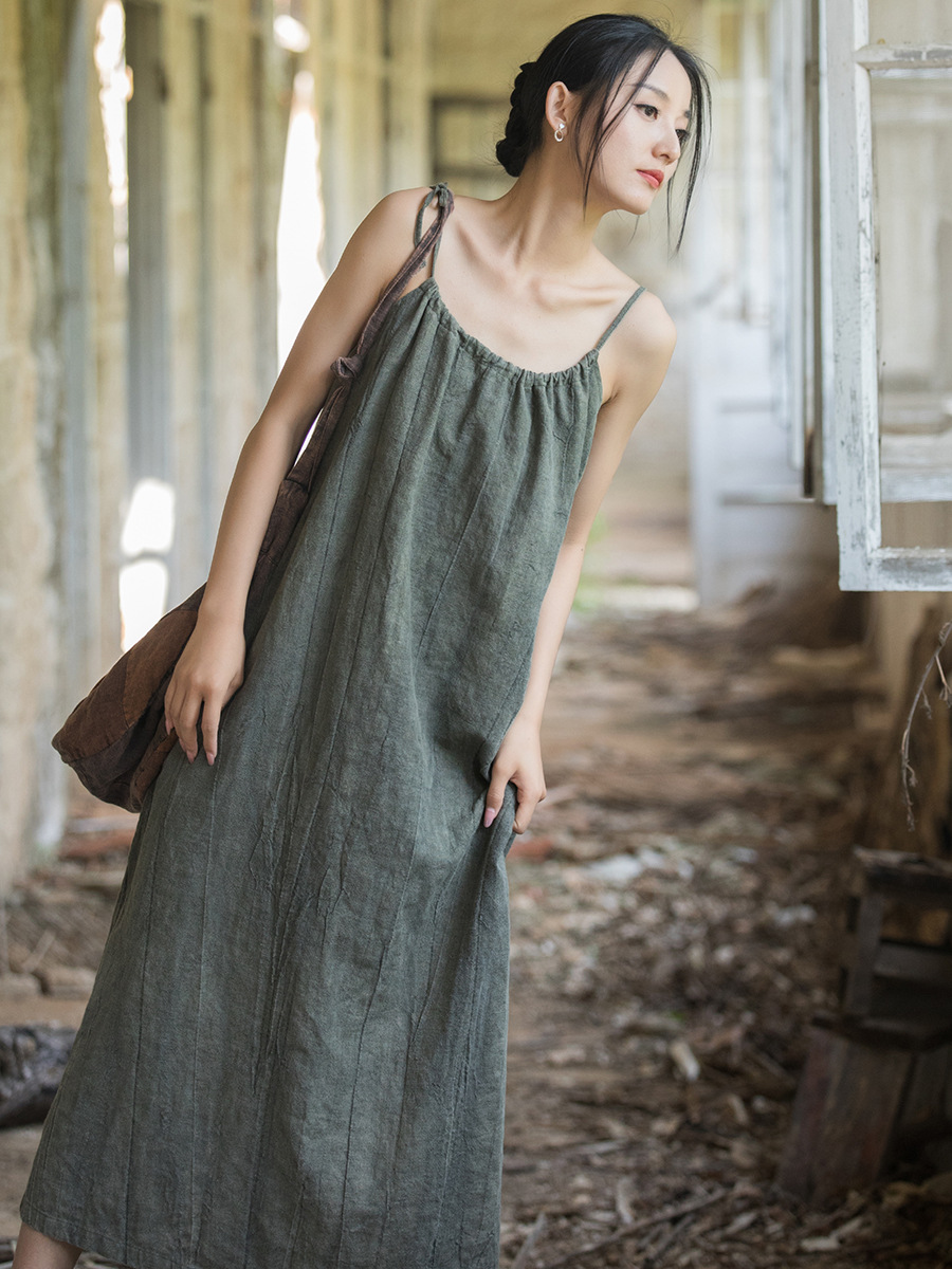 C508320 Ramie tie-dye adjustable long suspender skirt loose retro spring and summer slim temperament French casual women's dress skirt