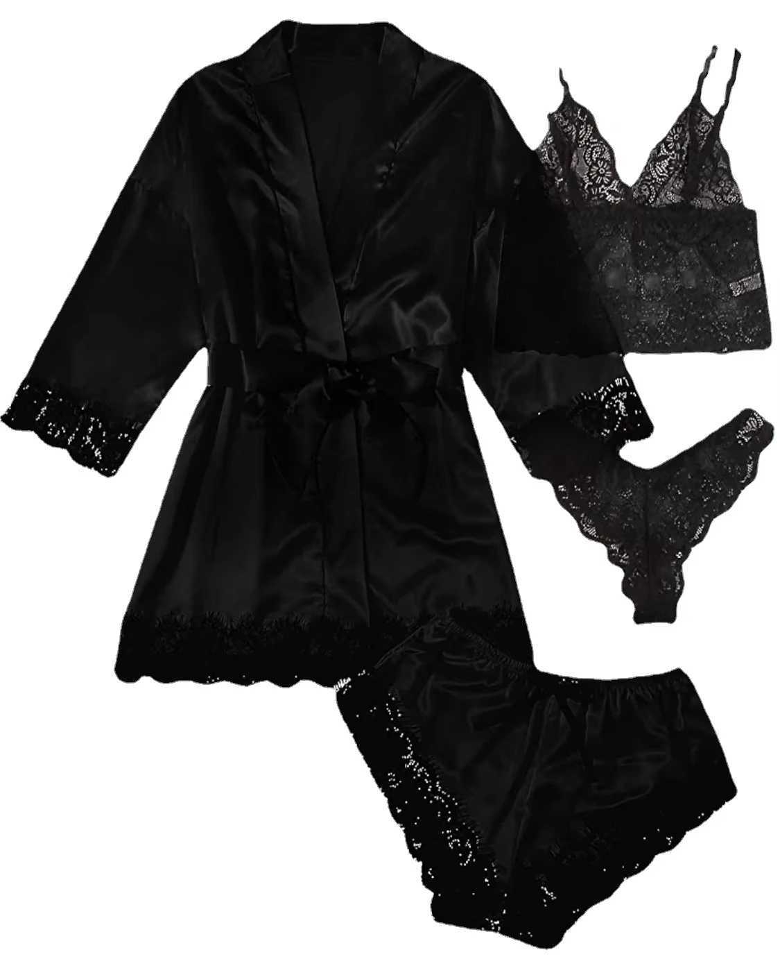 2025 New Womens fashion spwear four piece set sexy lace trimmed satin suspender suit dress comfortable casual nightgownXJ250220