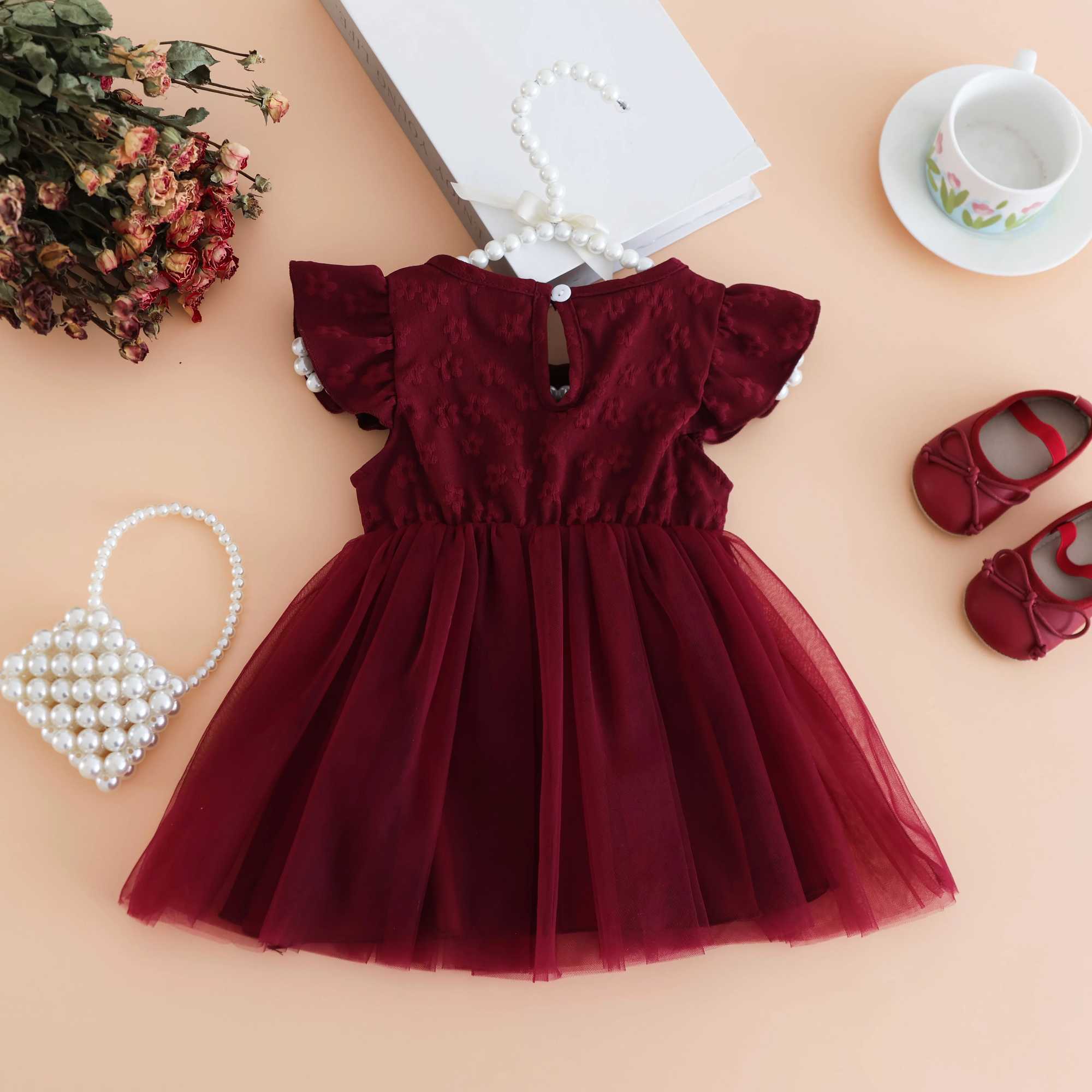 Summer charming girl wine red print mesh dress with flowing sleeves and gauze-cute knee summer dress with rose detail girls dre X250220