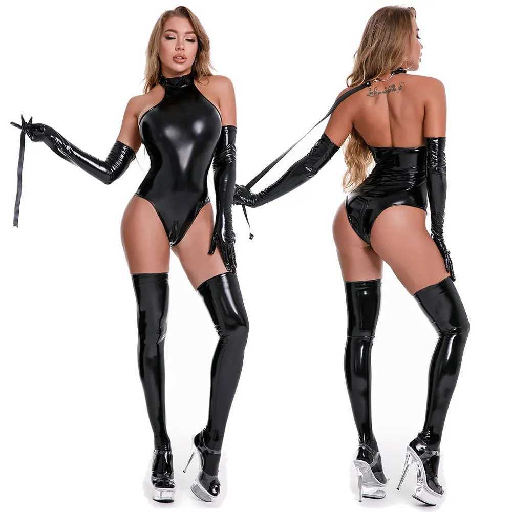 Women Sexy Glossy PU Leather Bodysuit With Socks Gloves Wet Look Latex Catsuit Exotic Zip Open Crotch PVC Latex JumpsuitXJ250220
