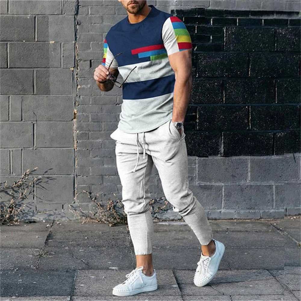 Fashion Men Tracksuit T-Shirt 2 Piece Set Short Sleeve Sportswear Suits Men Clothing Trousers Casual O-Neck Tops Pants Streetwear W250221