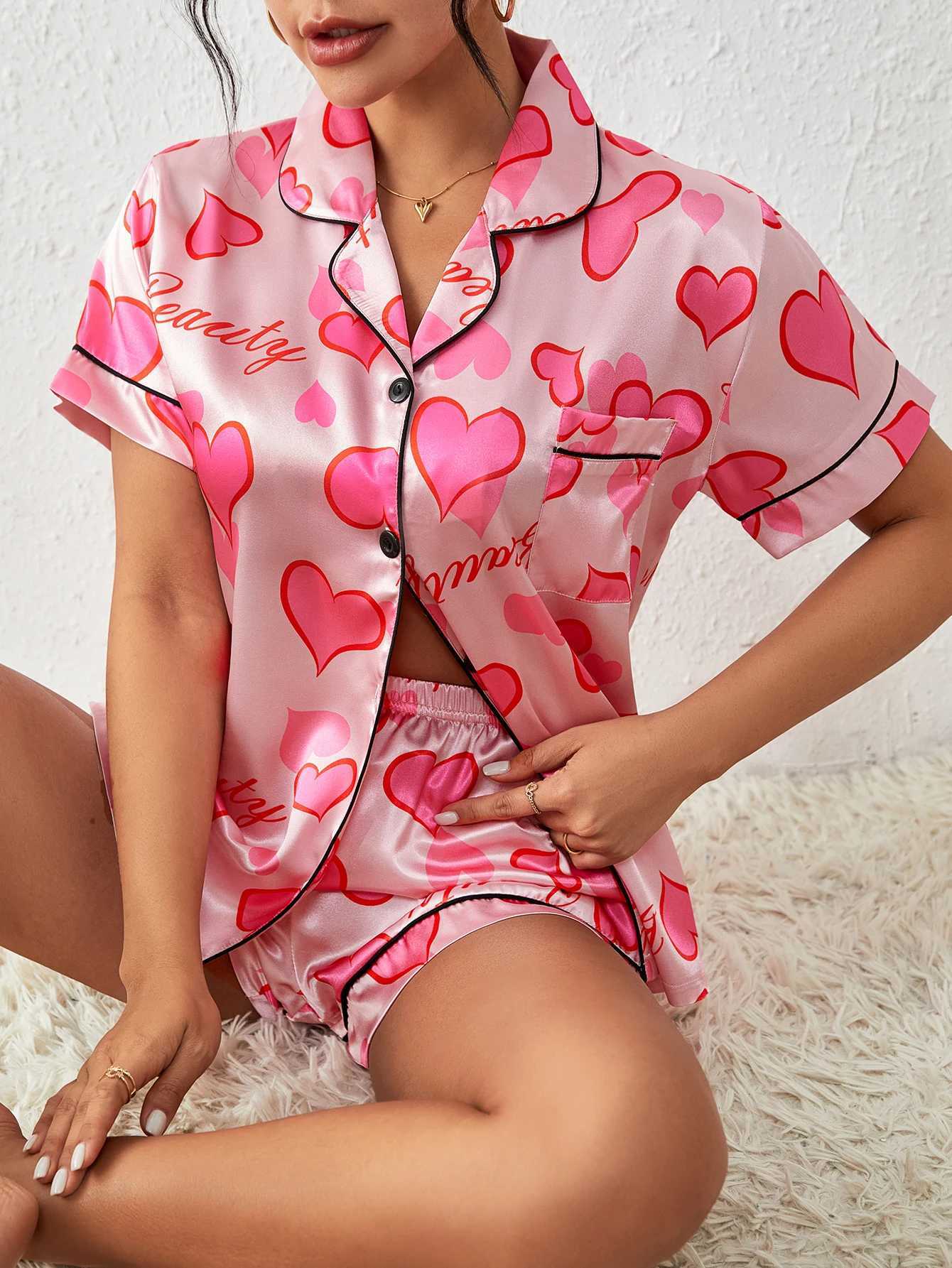 Heart Letter print satin Pajama SetShort Sve Buttons Lapel Top Elastic Shorts Womens SpwearXJ250220