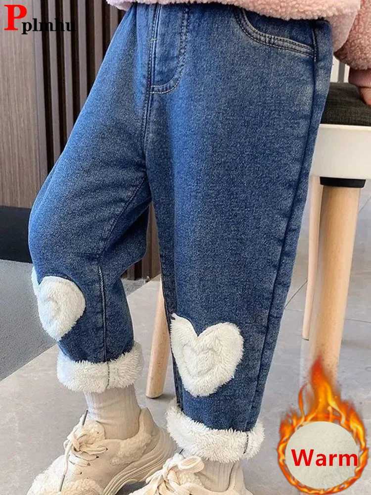 Winter velvet lined girls jeans thick elastic high waisted Vaqueros childrens warm denim harem pants plush childrens jeans Pantalones Z250220