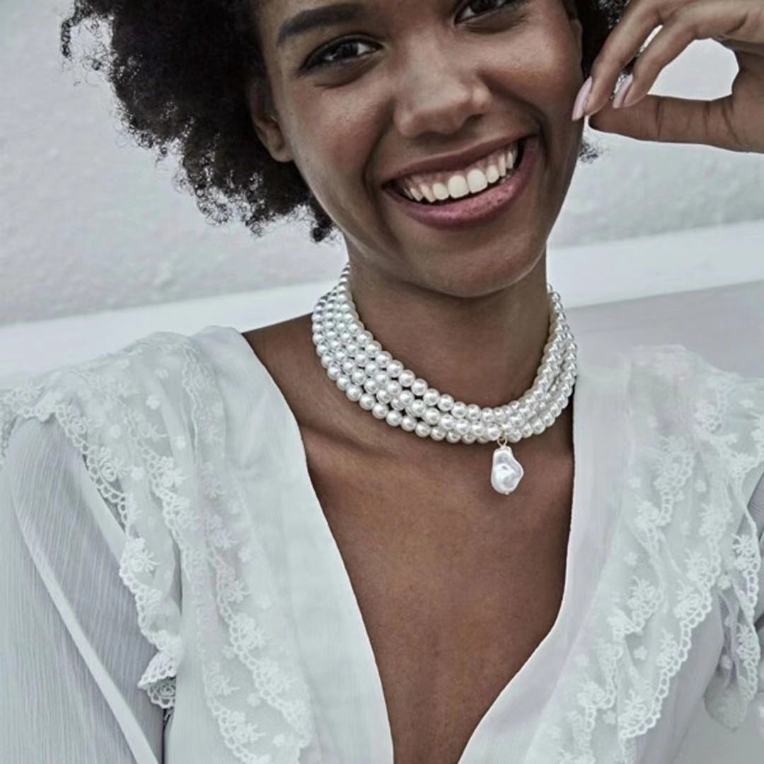 Temperament simple multi-layer pearl necklace European and American style baroque shaped pearl necklace women
