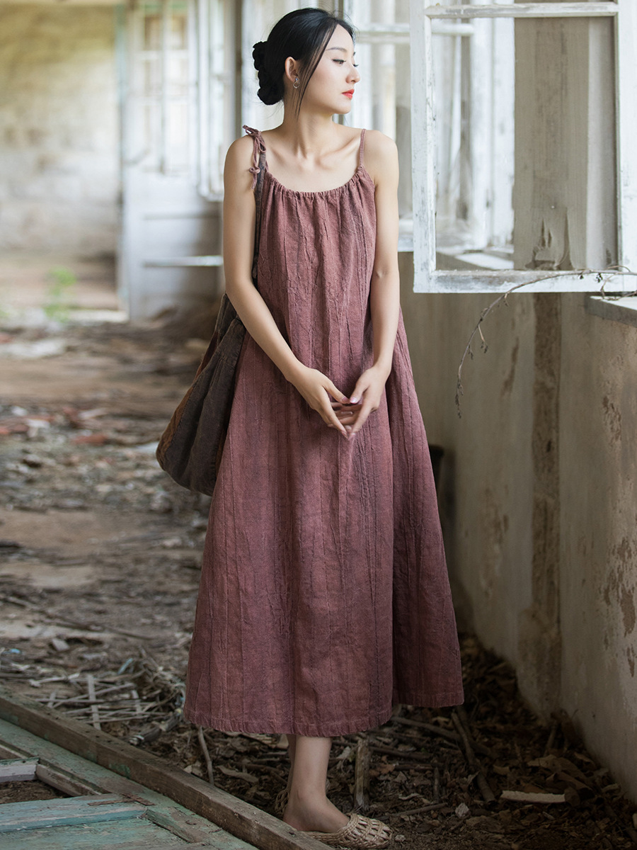 C508320 Ramie tie-dye adjustable long suspender skirt loose retro spring and summer slim temperament French casual women's dress skirt
