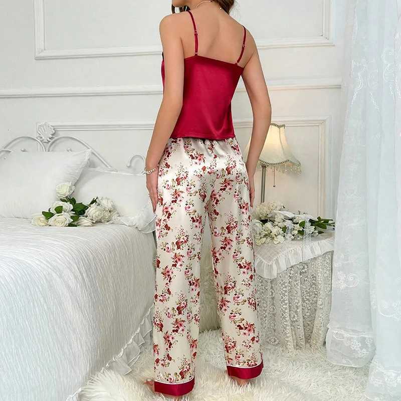 Womens Spwear Luxurious Floral Print Satin Pajama Set Sexy V-Neck Backless Cami Top Elastic Waist Long Pants Pyjama FemmeXJ250220