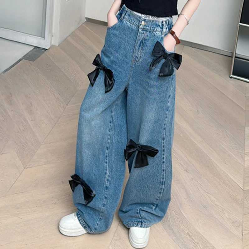 School Girls Jeans 2025 Spring Teen Childrens Wide Leg Pants Retro Black Triple Bow Blue Jeans Trousers for Kids Z250220