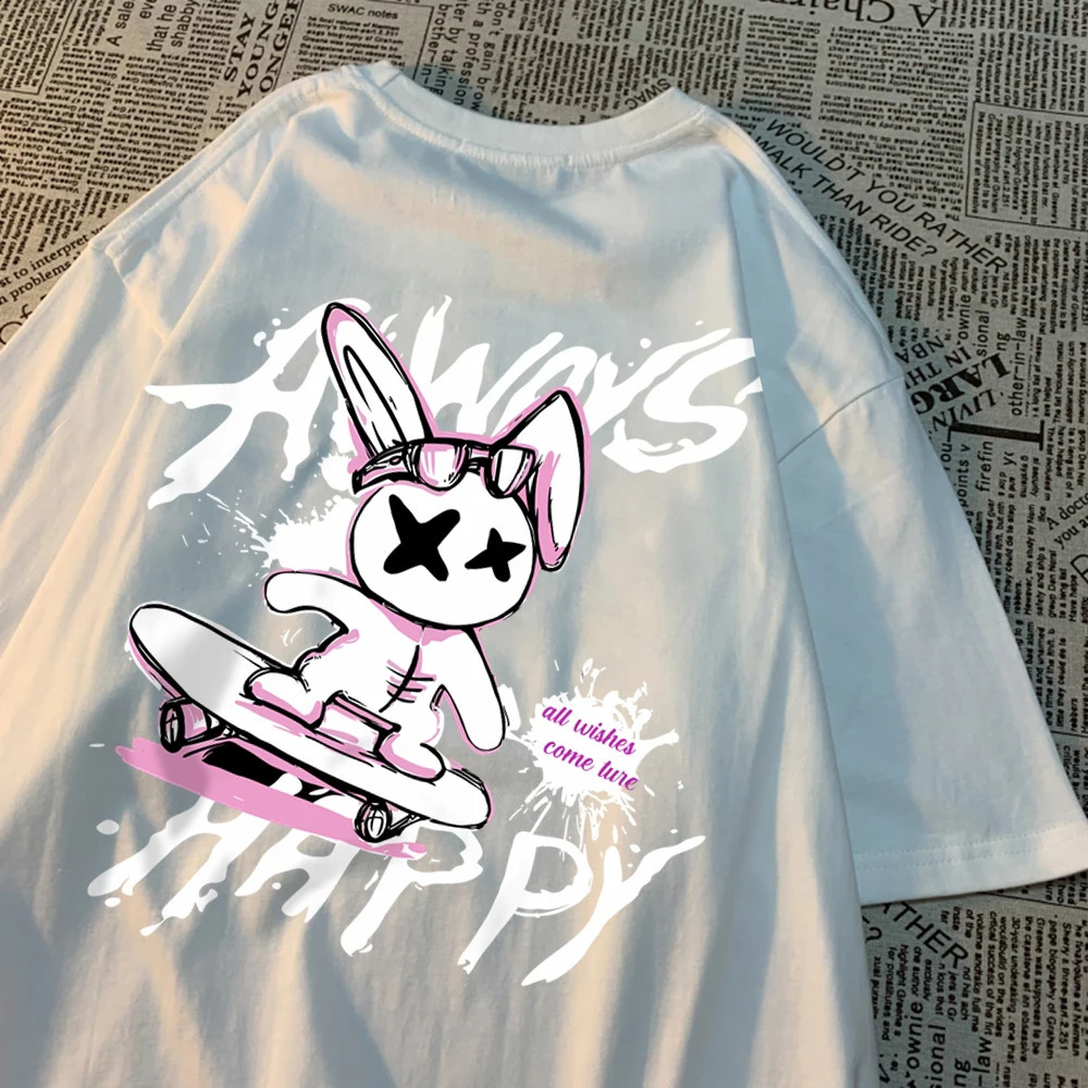 Forever Happy Skateboarding Rabbit Mens Tshirt Oversized Harajuku Soft Clothing Fashionable Breathable Cotton Oneck 250213