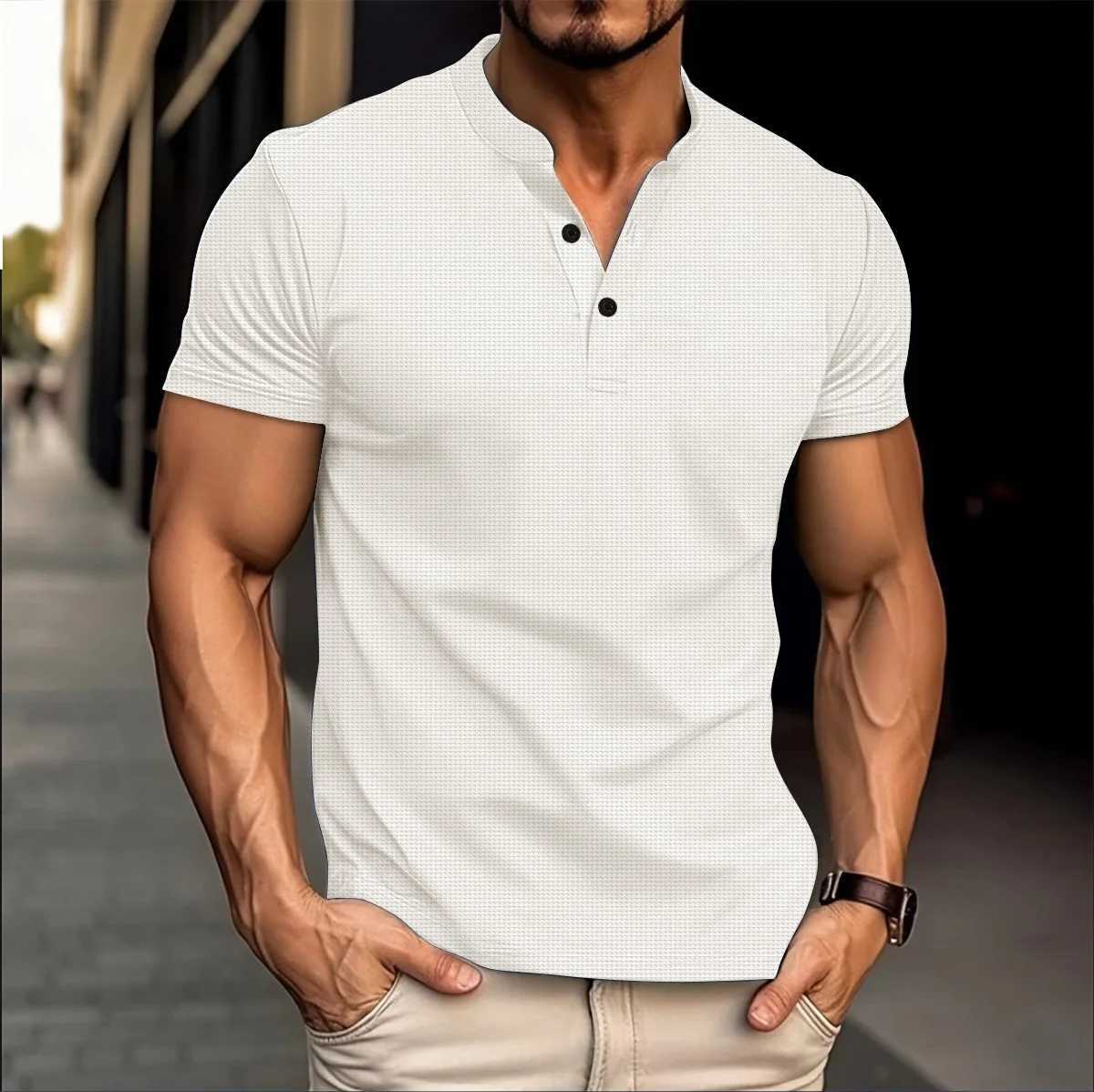 2024 Summer new style mens casual short-sleeved POLO shirt Fashion V-neck Waffle solid color button sports polo shirt top W250220