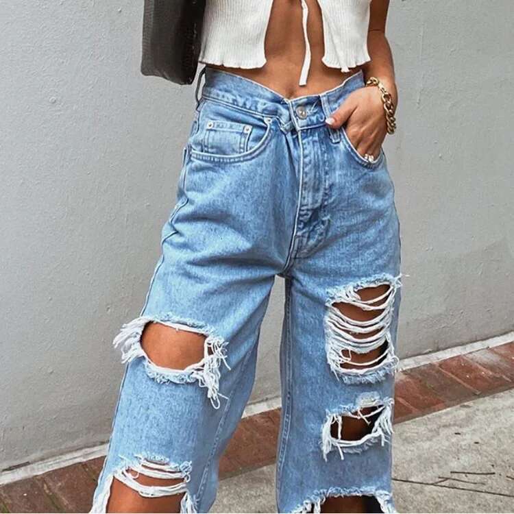 Ripped Vintage Woman's Jeans Distressed Streetwear Hole Hip Hop High Waist Pants Fashion Straight Denim Trousers Summer Jean