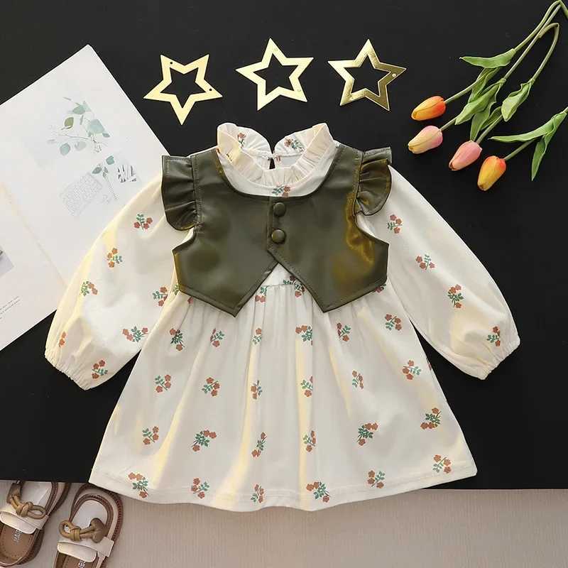 (0-3 Years Old Girls) Fall New Girls Dress Lace Pleated Floral Pattern Leather Vest Button Sweet Princess Dress X250220