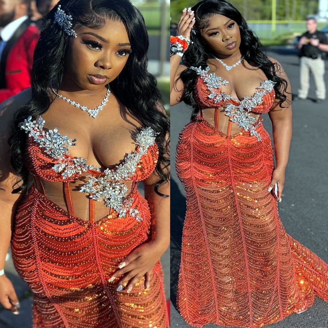Orange Mermaid Prom Dresses 2025 Crystals Sequined See Through Evening Formal Party Second Birthday Engagement Gowns Plus Size Dress For Special Occas
