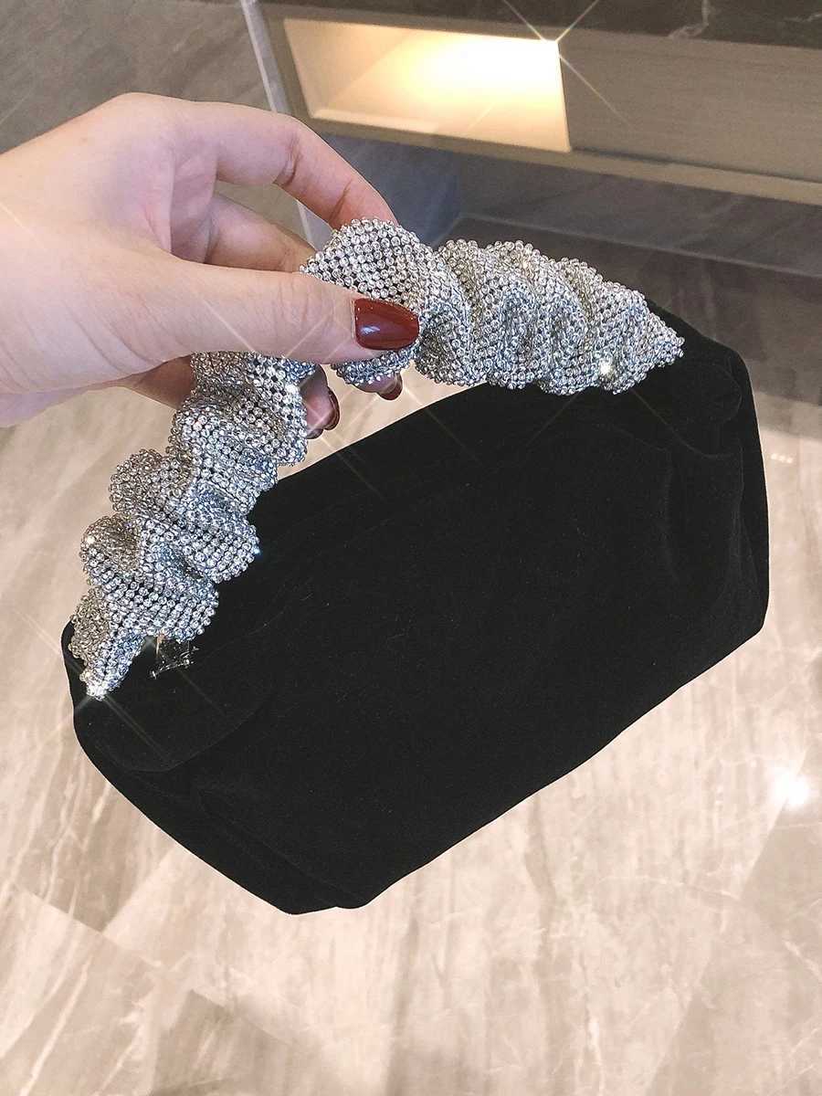 Formal Velvet Evening Clutch For Women Rhinestone Wedding Handbags Stylish Prom Cocktail Party Mini Purse Black Z250220