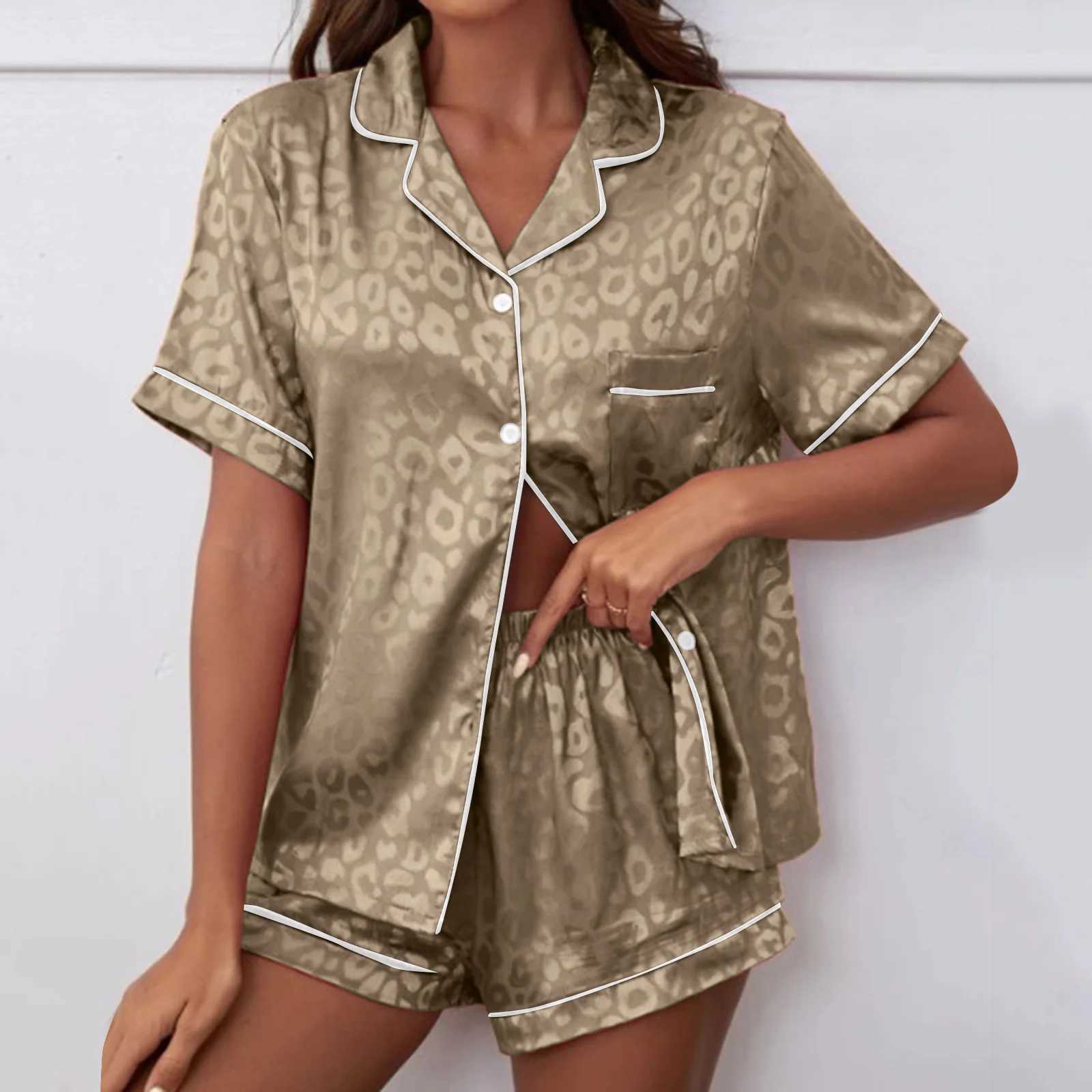 Womens Satin Printed Pajamas Sets Short Sved Lapel Silk Housewear Comfortable Girl Tops+Shorts 2 Pcs Set Size 12 Plus-sizeXJ250220