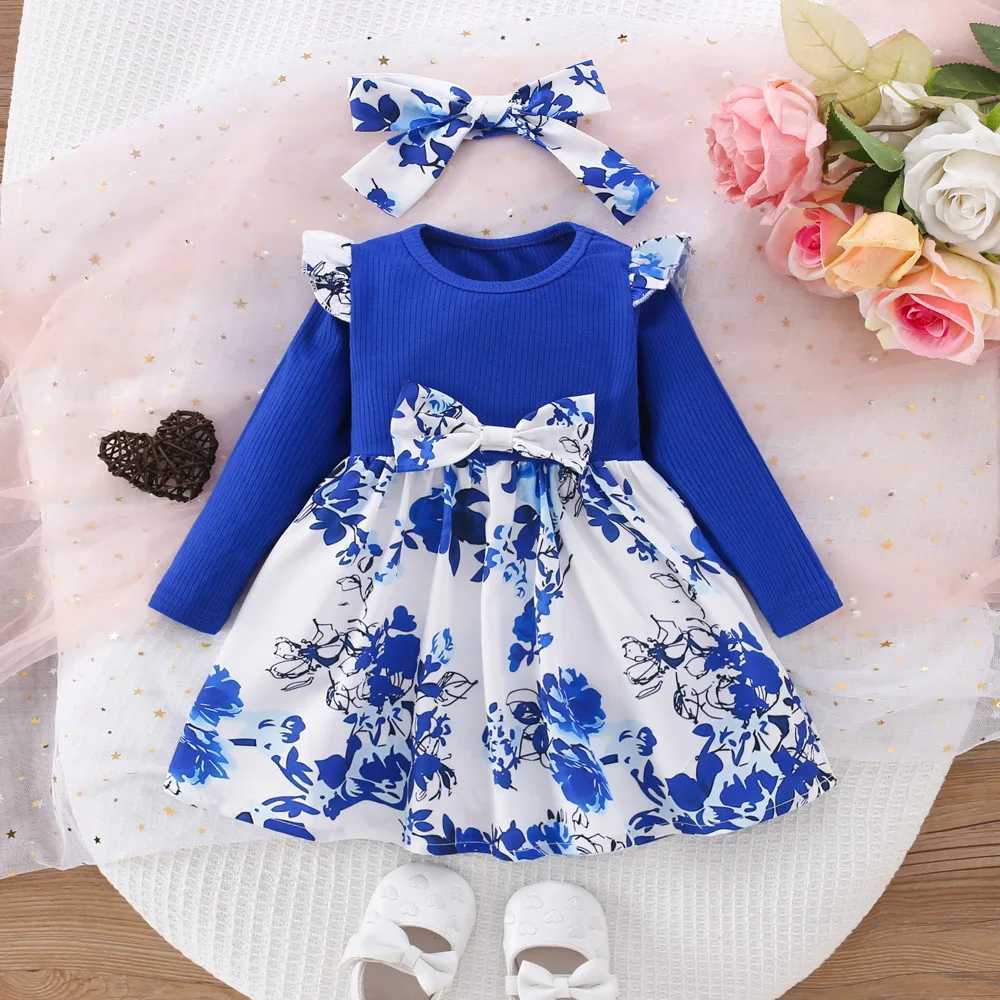 (6 Months -3 Years Old) Spring And Autumn New Blue Flower Baby Girl Dress Chinese Retro Style Childrens Long Sleeve Clothes X250220