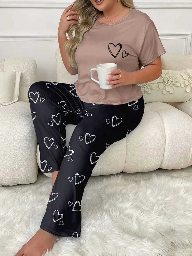 Heart Print Women Pajama Sets Short Sves O Neck Top Full-Length Pants Fe 2 Pieces Spwear Atumn Spring NightwearXJ250220