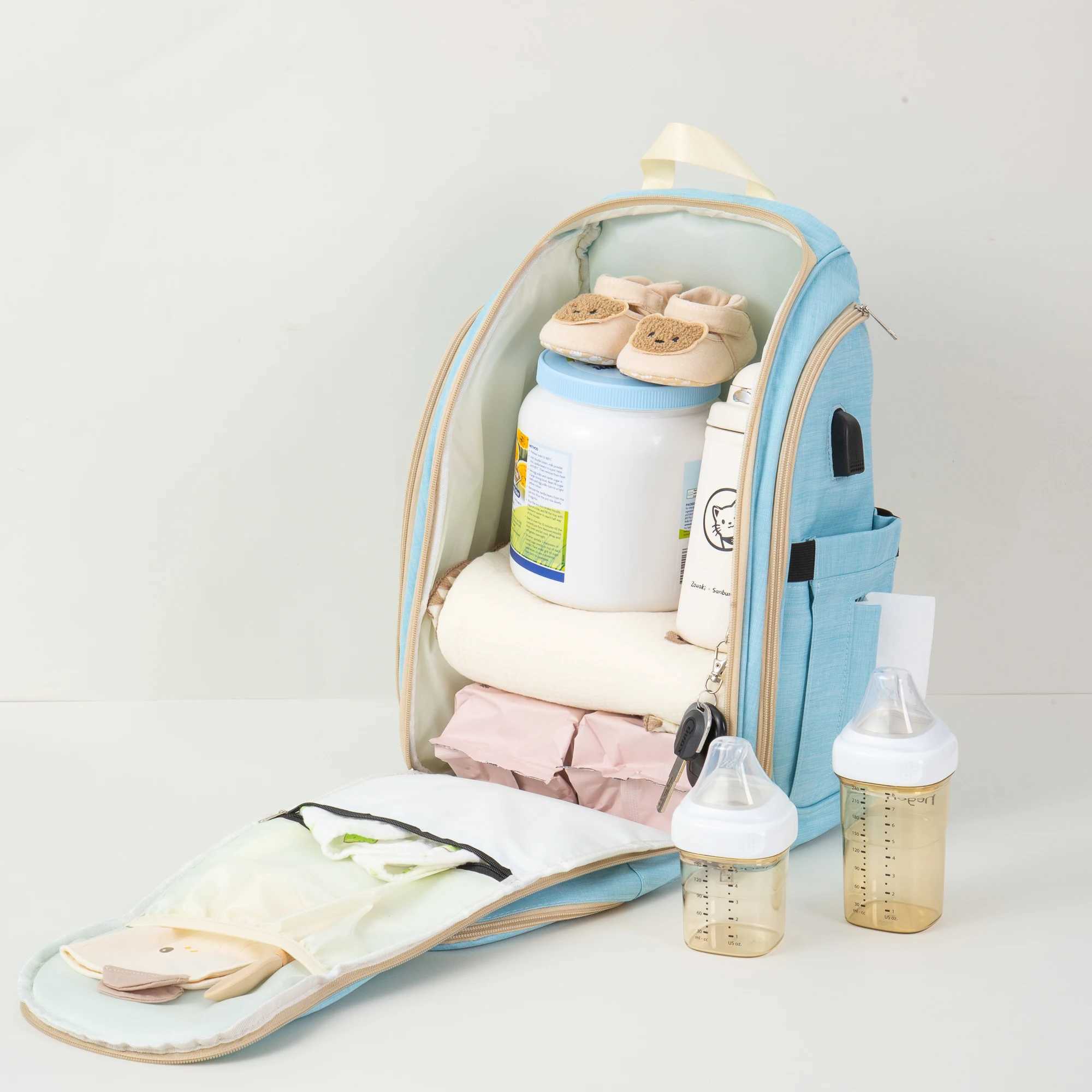Fashionable fully open shoulder mommy bag multifunctional multi compartment large capacity mother and baby backpack X250220