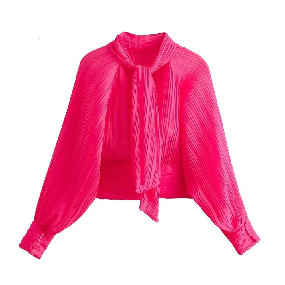 2024 Autumn New Women's European And American Fashion Easiest For Match Bow Pleated Shirt Street Style Casual Top
