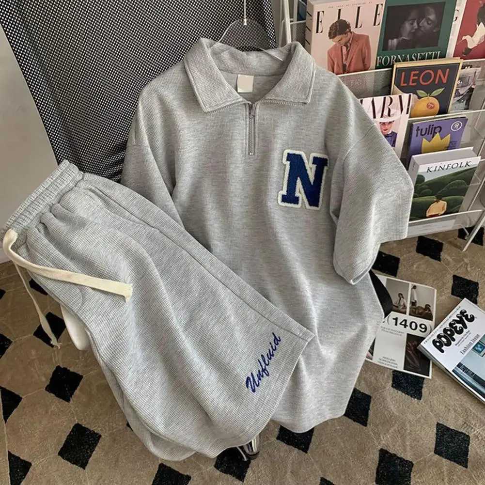 High Quality Waffle biscuit sportswear unisex summer mens loose short sleeved T-shirt jogging set two-piece letter printed casual sportswear T250221