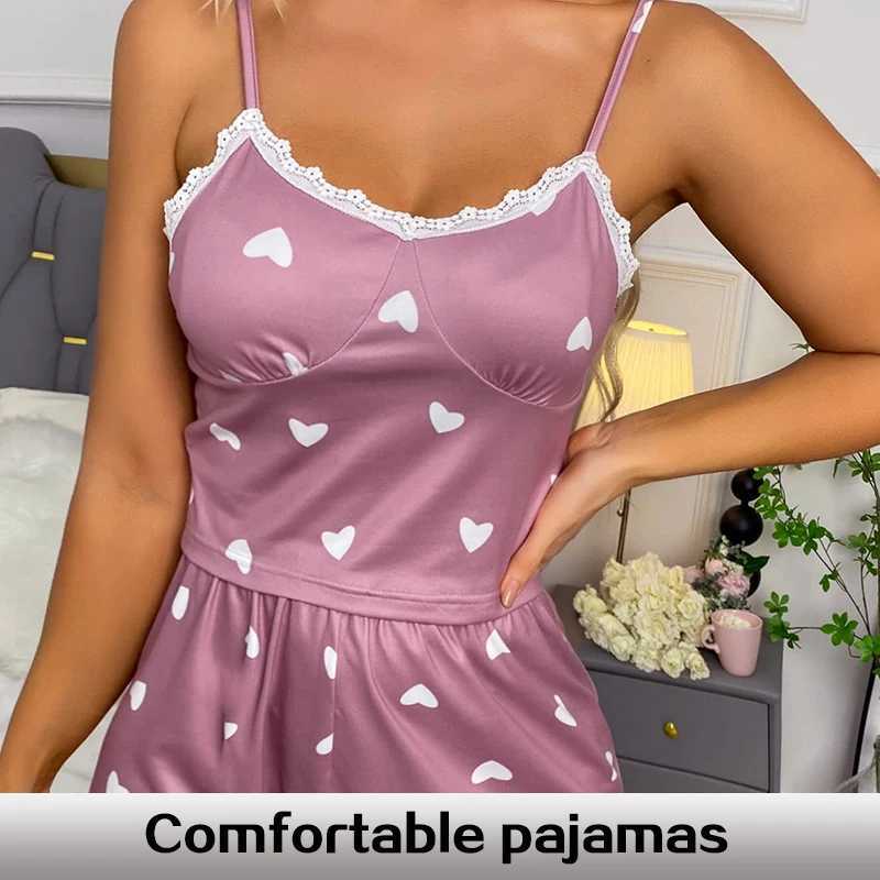 Womens Two-Piece V-Neck Suspender Lace Printed Top and Shorts Womens Casual Printed Pajama SetXJ250220