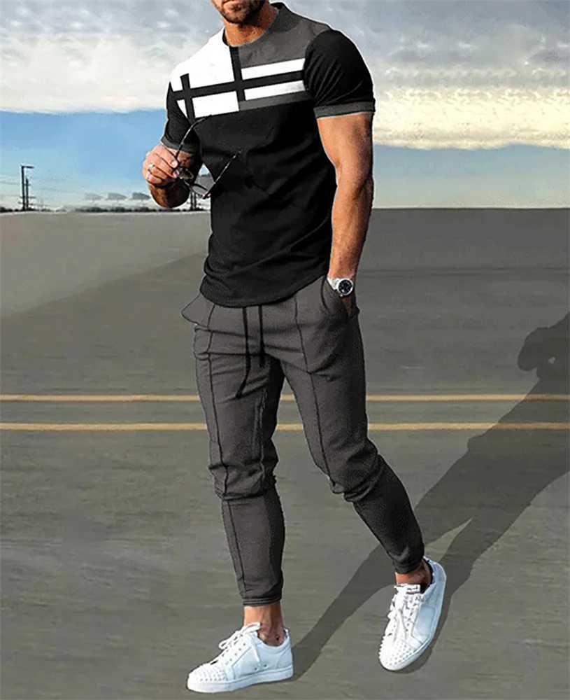 Fashion Men Tracksuit T-Shirt 2 Piece Set Short Sleeve Sportswear Suits Men Clothing Trousers Casual O-Neck Tops Pants Streetwear W250221