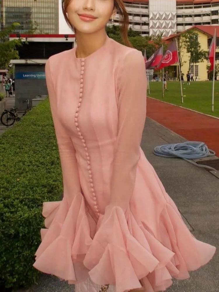 Casual Dresses Luxury O Neck Pink Ruffle Button Female Vestidos Fashion Long Sleeve High Waist Prom Spring Lady Short Evening Dress